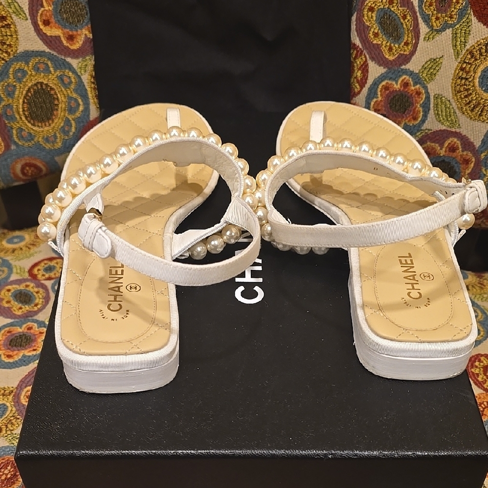 Chanel White and Gold Pearl Sandals - Picture 8 of 16
